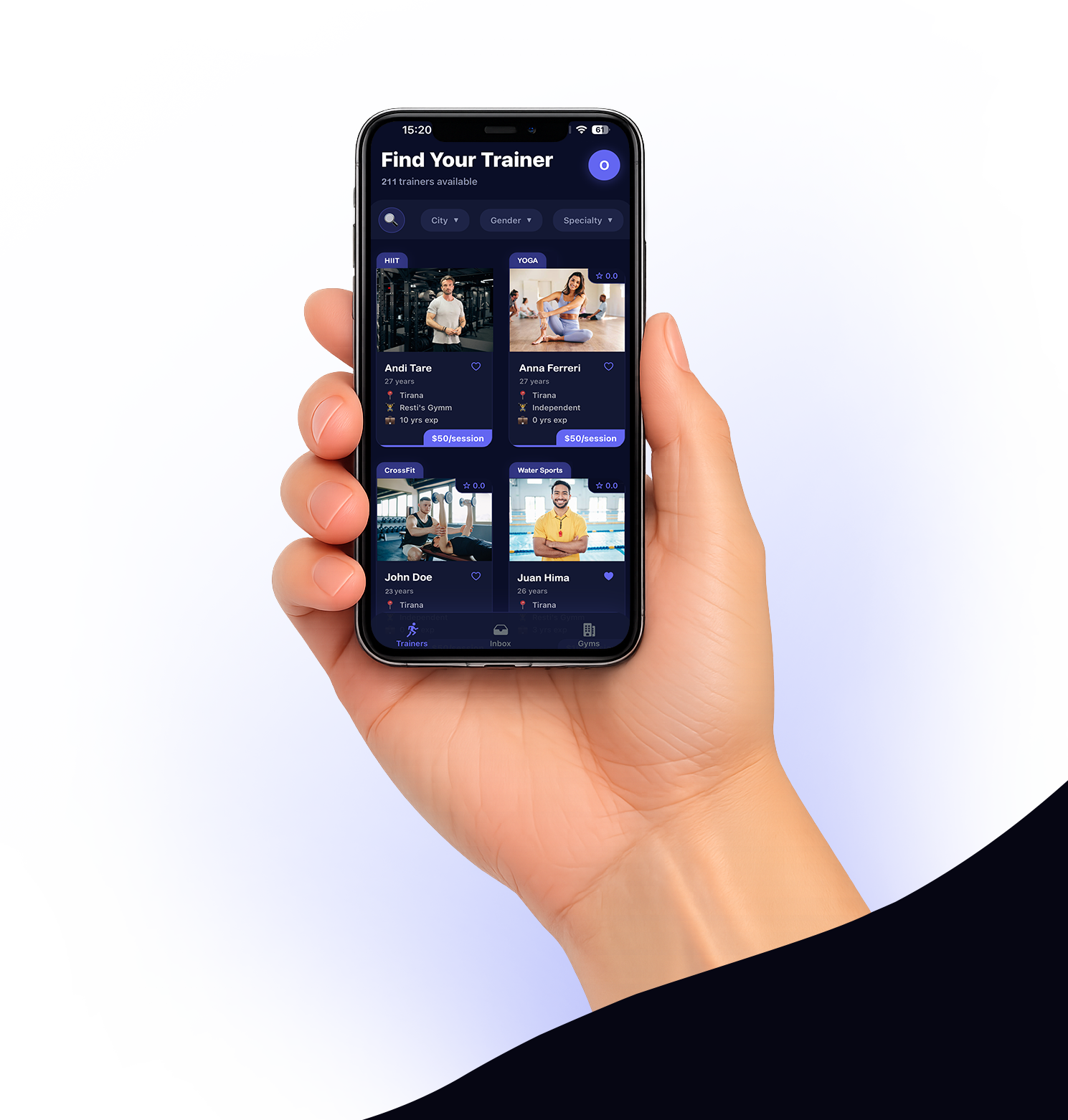 otrup app preview showing trainer search